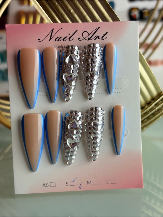 Other - Stiletto Nude Press-On Nails with Blue Outline & Silver Rhinestones Small